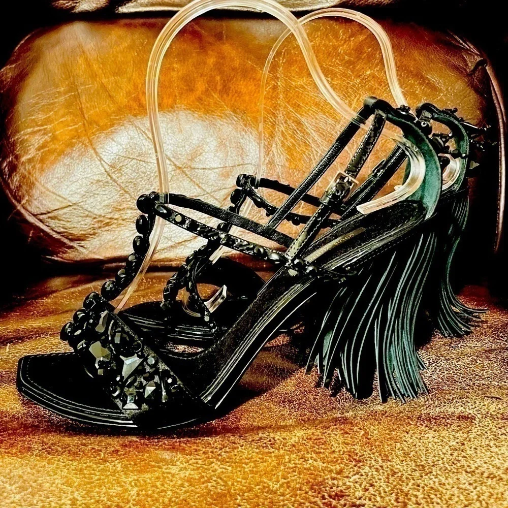 LOUIS Vuitton silk sandals crystal embellishments, patent leather fringe. EU 38